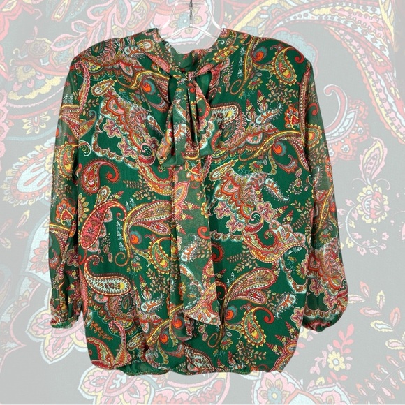 Pink Green Paisley Blouse Sz Small Stacy Frati Sweet Pea Chic Top Sash Tie Neck - Picture 9 of 9